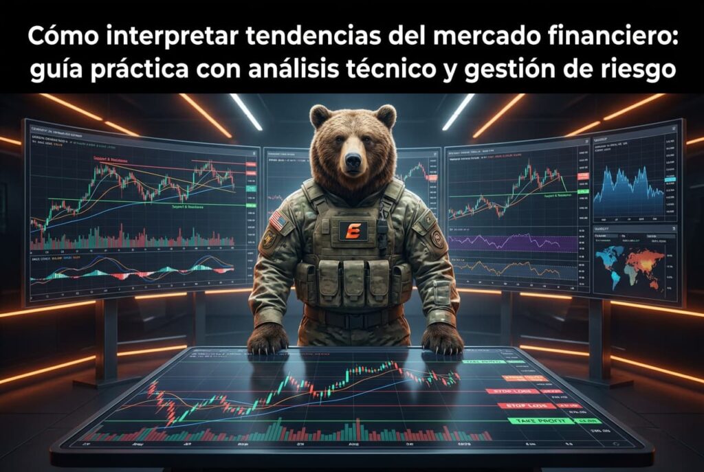 Oso vestido con uniforme militar moderno, de pie en un centro de comando futurista de trading, rodeado de múltiples pantallas con gráficos de tendencias, líneas de soporte y resistencia, indicadores técnicos y mapas de volatilidad. En una mesa holográfica se visualizan patrones de velas japonesas, medias móviles y niveles de gestión de riesgo con stop-loss y take-profit. Iluminación tecnológica con destellos naranjas y blancos sobre fondo oscuro, ambiente estratégico y profesional, estilo hiperrealista y cinematográfico, composición tipo portada educativa: “Cómo interpretar tendencias del mercado financiero: guía práctica con análisis técnico y gestión de riesgo”.