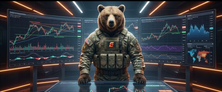 Oso vestido con uniforme militar moderno, de pie en un centro de comando futurista de trading, rodeado de múltiples pantallas con gráficos de tendencias, líneas de soporte y resistencia, indicadores técnicos y mapas de volatilidad. En una mesa holográfica se visualizan patrones de velas japonesas, medias móviles y niveles de gestión de riesgo con stop-loss y take-profit. Iluminación tecnológica con destellos naranjas y blancos sobre fondo oscuro, ambiente estratégico y profesional, estilo hiperrealista y cinematográfico, composición tipo portada educativa: “Cómo interpretar tendencias del mercado financiero: guía práctica con análisis técnico y gestión de riesgo”.